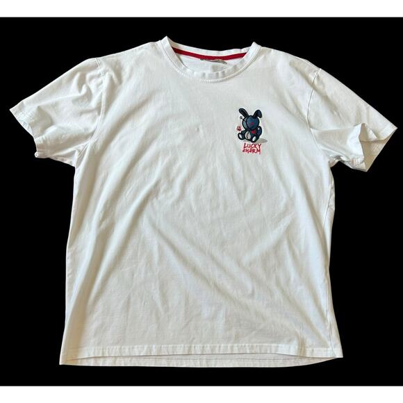Lucky Brand White 2XL Embroidered Lucky Charm Blue Voodoo Bunny Holding Rose - Picture 1 of 8